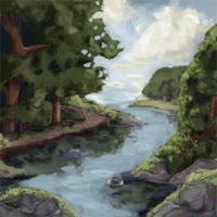 A river surrounded by trees and somewhat cloudy blue sky above.