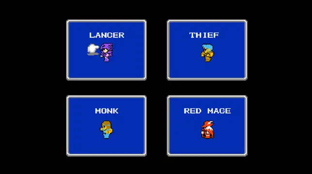 Displays the character creation screen from Final Fantasy Renaissance: Lancer (Renaissance-exclusive!), Thief, Monk and Red Mage.